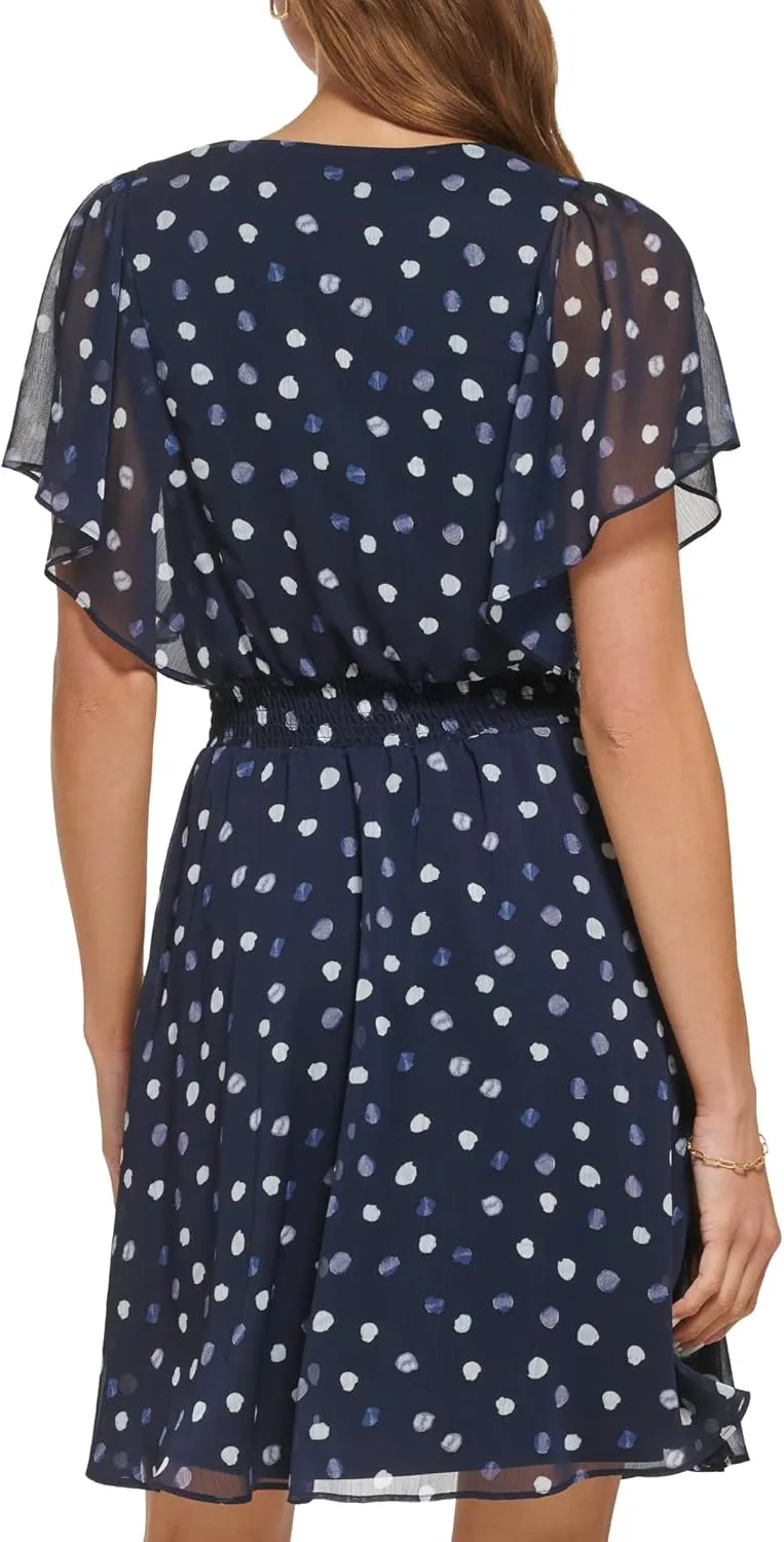 DKNY Women's Flutter Sleeve Smocked Waist Mini Dress