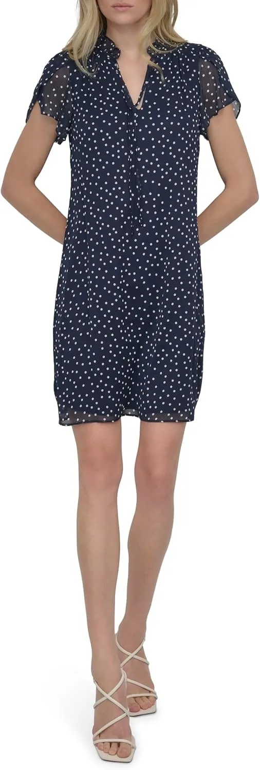 DKNY womens Front Tie Ruffle Neckline Trapeze Dress