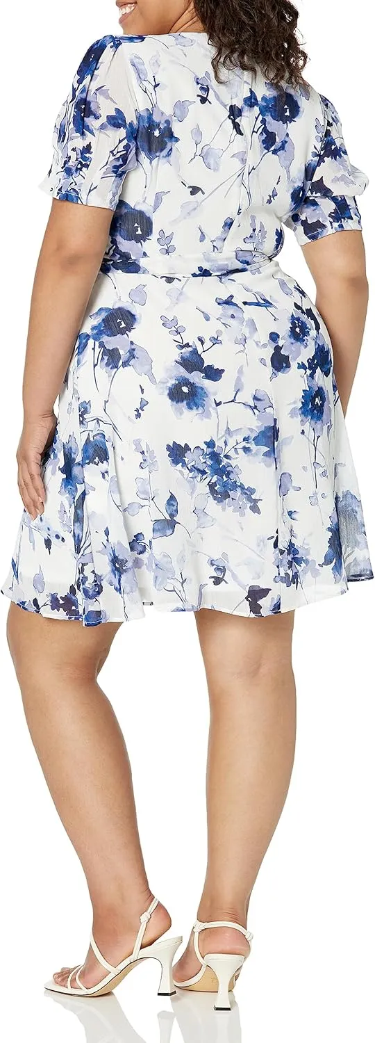 DKNY Women's Puff Sleeve Tie Waist A-line Mini Dress