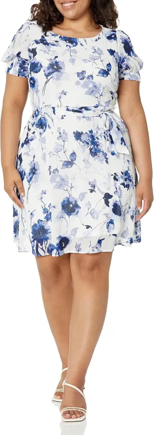 DKNY Women's Puff Sleeve Tie Waist A-line Mini Dress