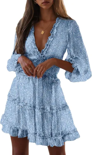 Dokotoo Womens 2025 Spring Summer Deep V Neck Long Sleeve Backless Ruffle Floral Flowy Mini Dress