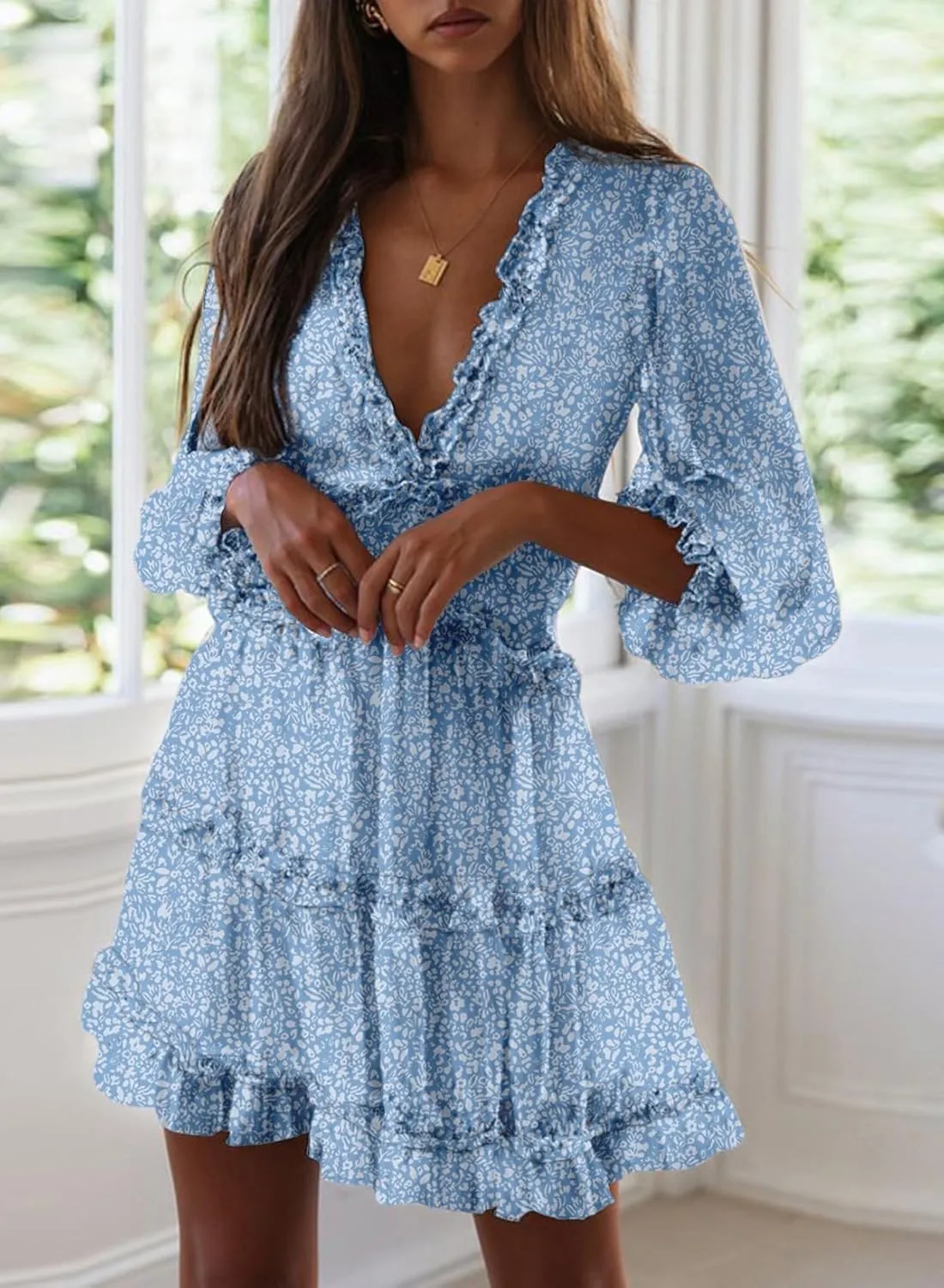 Dokotoo Womens 2025 Spring Summer Deep V Neck Long Sleeve Backless Ruffle Floral Flowy Mini Dress
