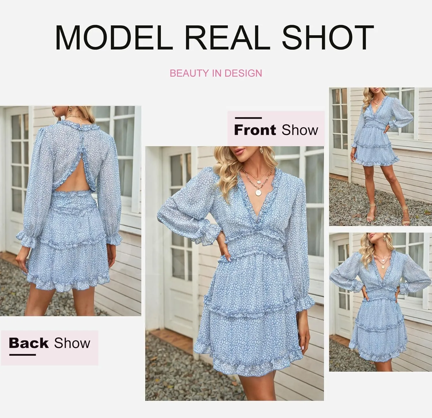 Dokotoo Womens 2025 Spring Summer Deep V Neck Long Sleeve Backless Ruffle Floral Flowy Mini Dress