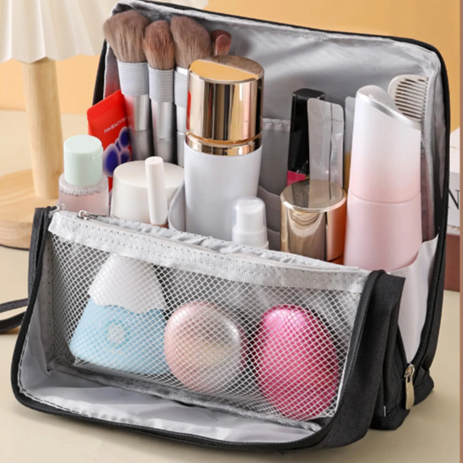 Doresty Makeup Bag, Doresty Standing Makeup Bag, Portable, Large Capacity, Vertical Large Opening Waterproof Multifunctional Stand Up Bags With Compartments (D)