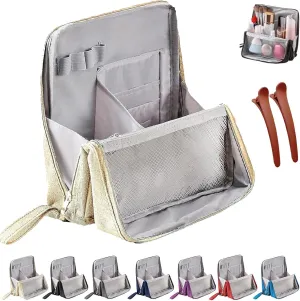 Doresty Makeup Bag, Standing Makeup Bag – Portable, Large Capacity, Waterproof Vertical Office Desktop Storage Bags, Multi-Purpose Large Capacity Oxford Cloth Toiletry Bag, with Compartments (Beige)