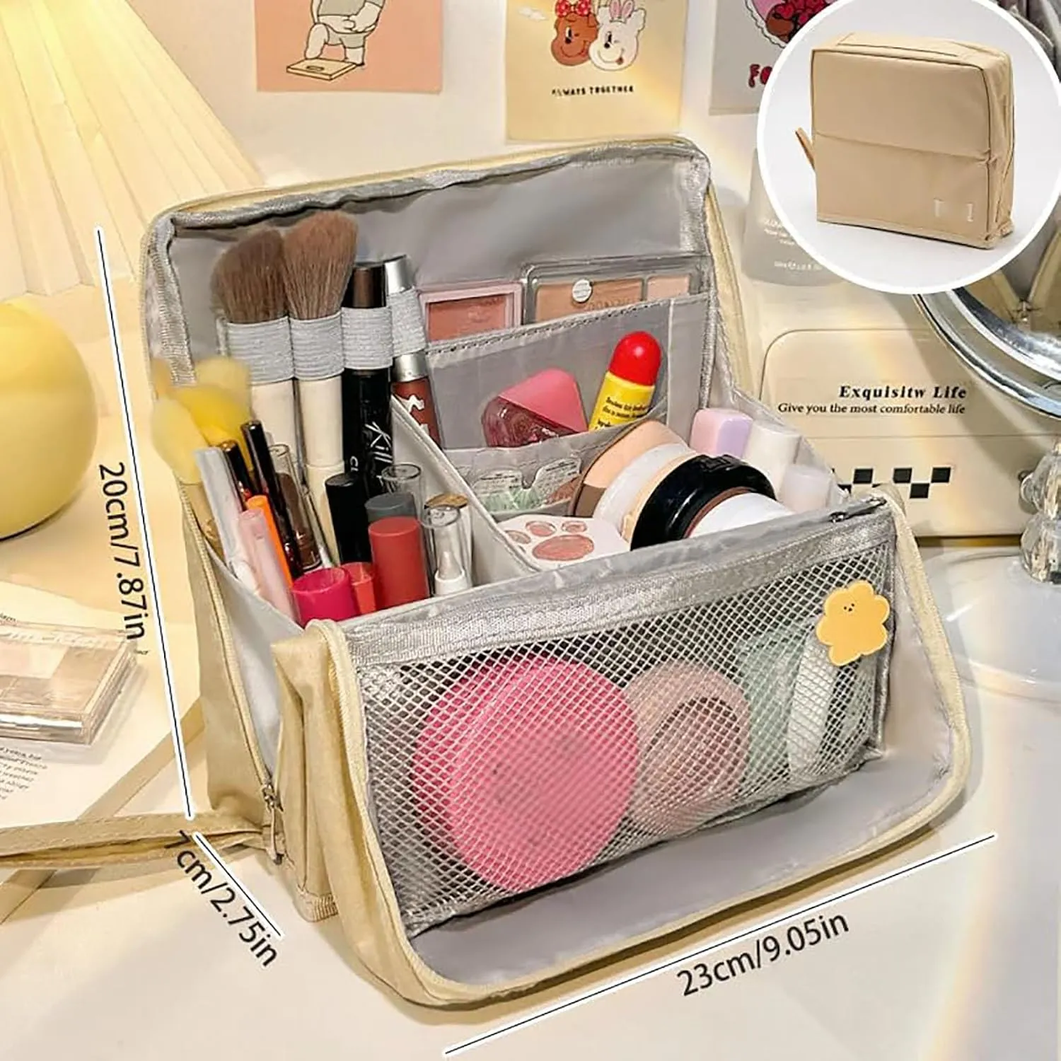 Doresty Makeup Bag, Standing Makeup Bag – Portable, Large Capacity, Waterproof Vertical Office Desktop Storage Bags, Multi-Purpose Large Capacity Oxford Cloth Toiletry Bag, with Compartments (Beige)