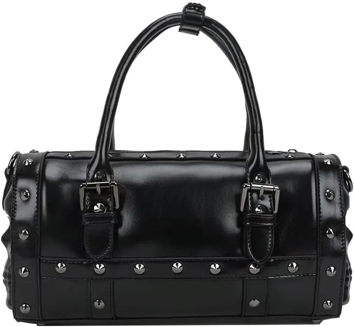 Downupdown Handbag Punk Style Handbag Black Shoulder Bag with Rivets & 3D skull on Side with Long Shoulder Strap