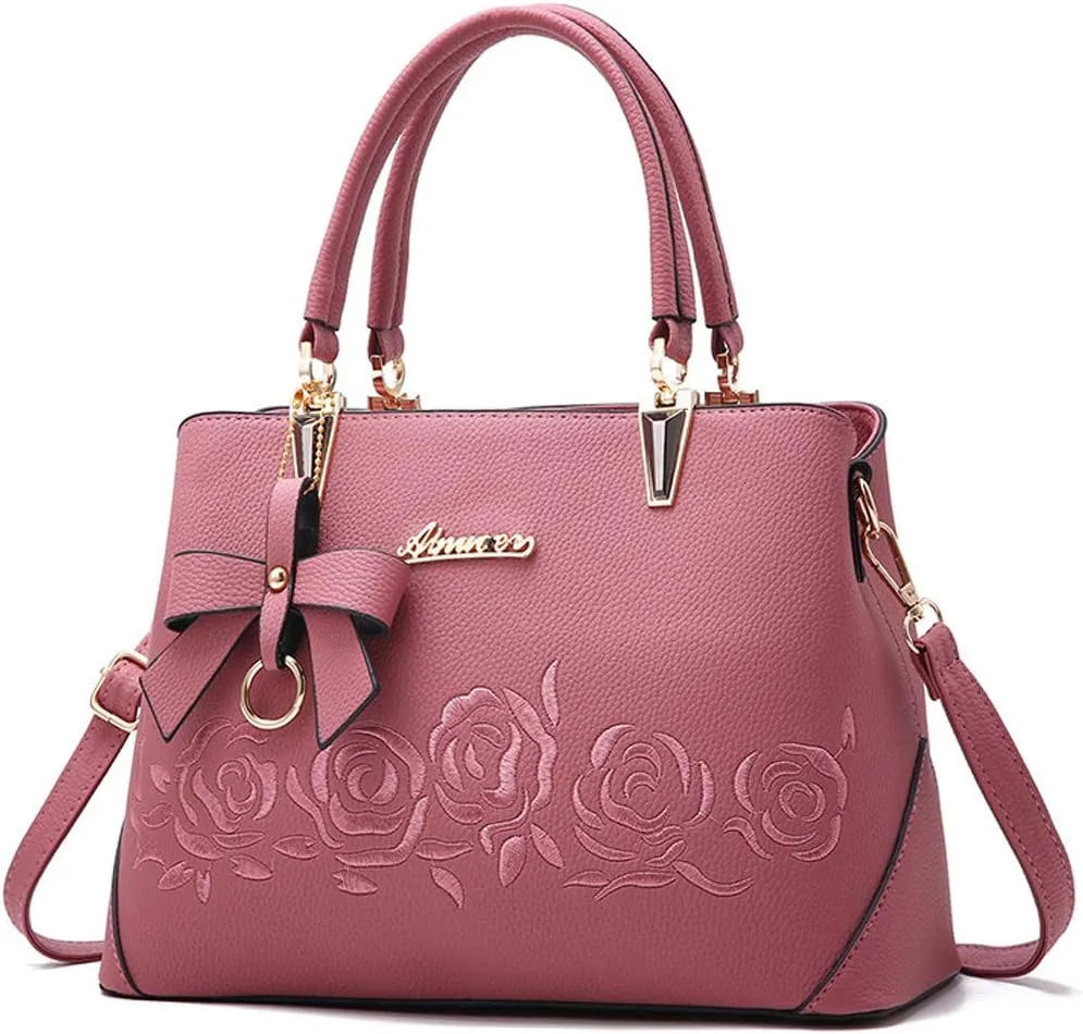 Downupdown Top Handle Bag Women Handbags Faux Leather Satchel Flower Embroidery Purse Medium Tote Bags Crossbody Shoulder Bag