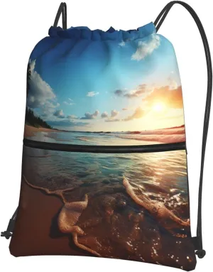 Drawstring Bag Gym Sack Drawstring Backpack Sport Gym Sack Cinch Bag Color Fish Sport Bags for Travel, Beach Sunset Tranquil, One Size