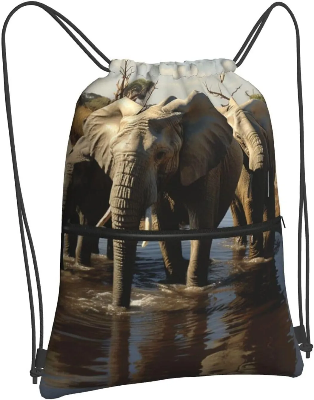 Drawstring Bag Gym Sack Drawstring Backpack Sport Gym Sack Cinch Bag Evening in Vancouver Sport Bags for Travel, Elephants Drinking Water, One Size