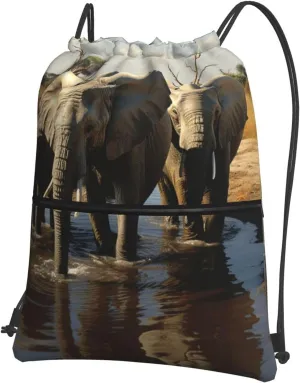 Drawstring Bag Gym Sack Drawstring Backpack Sport Gym Sack Cinch Bag Evening in Vancouver Sport Bags for Travel, Elephants Drinking Water, One Size