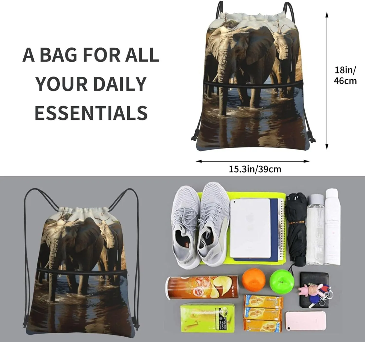 Drawstring Bag Gym Sack Drawstring Backpack Sport Gym Sack Cinch Bag Evening in Vancouver Sport Bags for Travel, Elephants Drinking Water, One Size