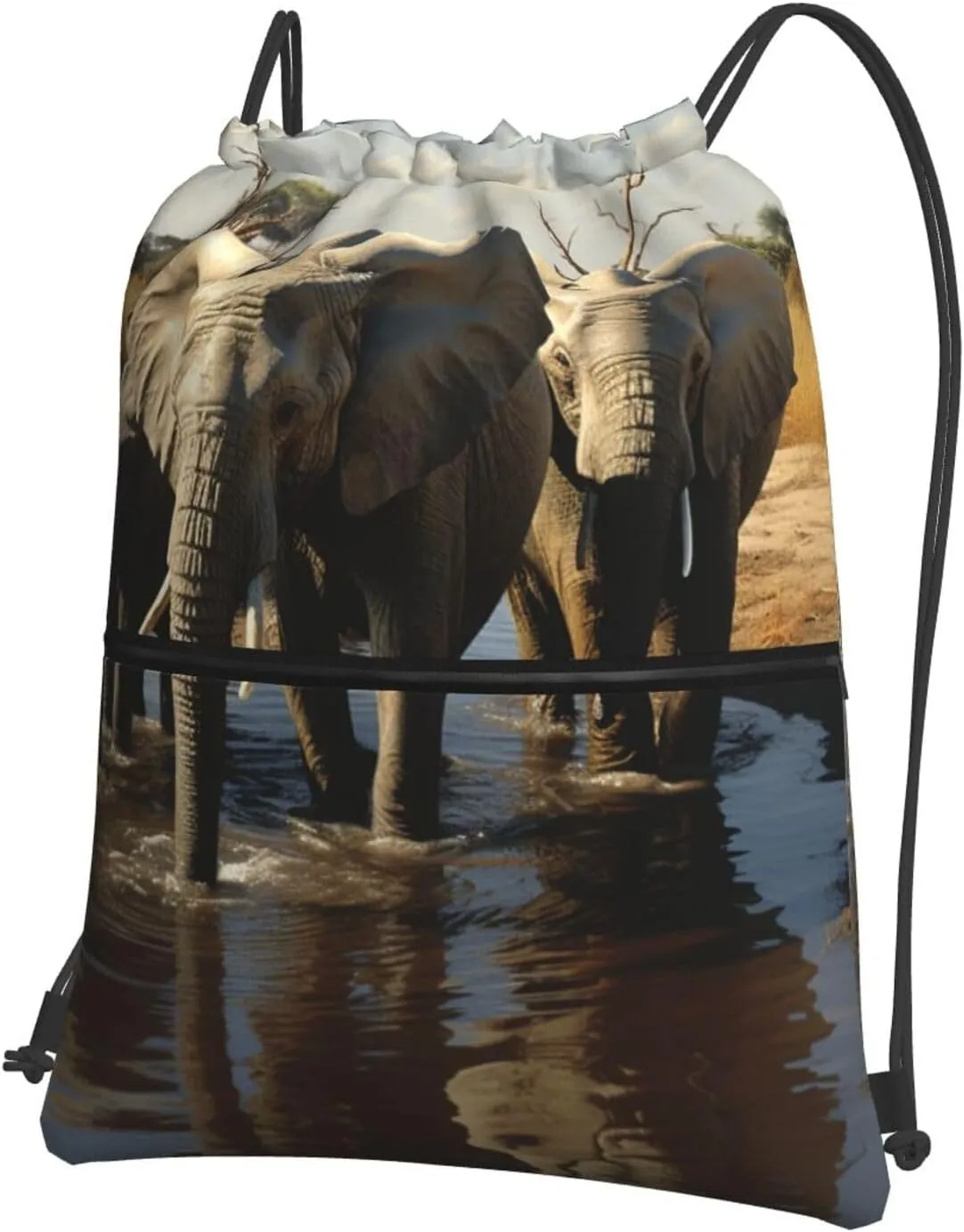 Drawstring Bag Gym Sack Drawstring Backpack Sport Gym Sack Cinch Bag Evening in Vancouver Sport Bags for Travel, Elephants Drinking Water, One Size