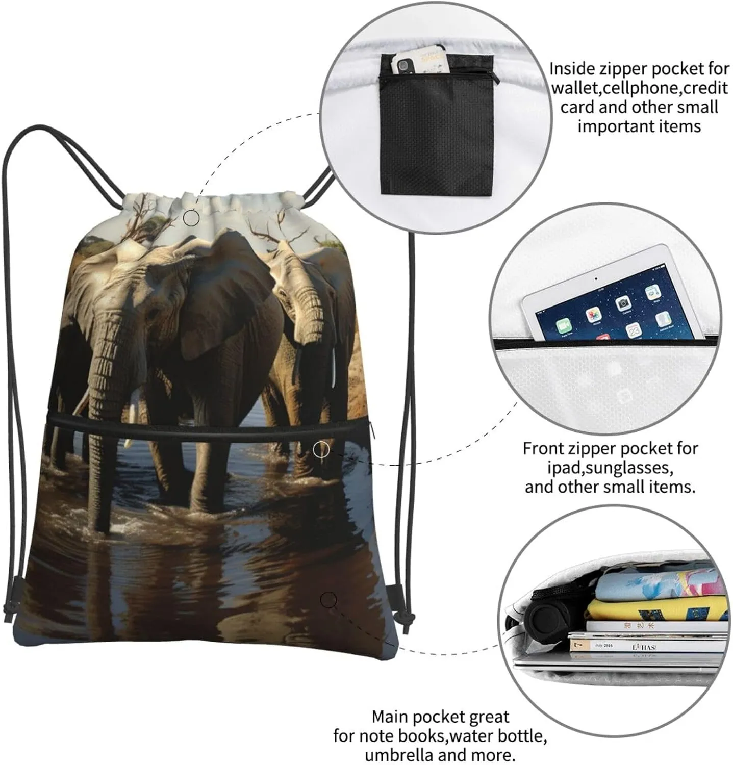 Drawstring Bag Gym Sack Drawstring Backpack Sport Gym Sack Cinch Bag Evening in Vancouver Sport Bags for Travel, Elephants Drinking Water, One Size
