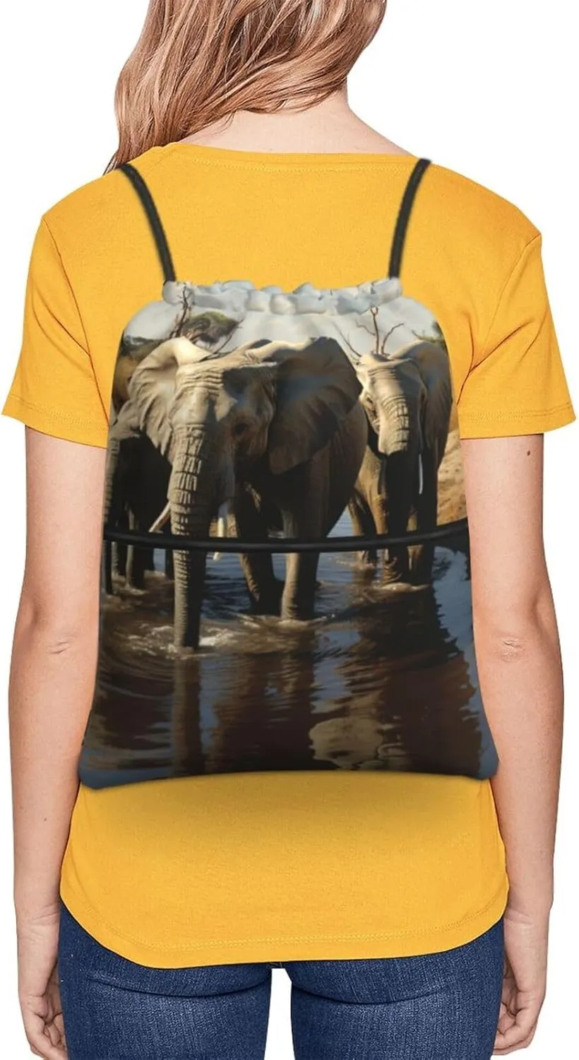 Drawstring Bag Gym Sack Drawstring Backpack Sport Gym Sack Cinch Bag Evening in Vancouver Sport Bags for Travel, Elephants Drinking Water, One Size