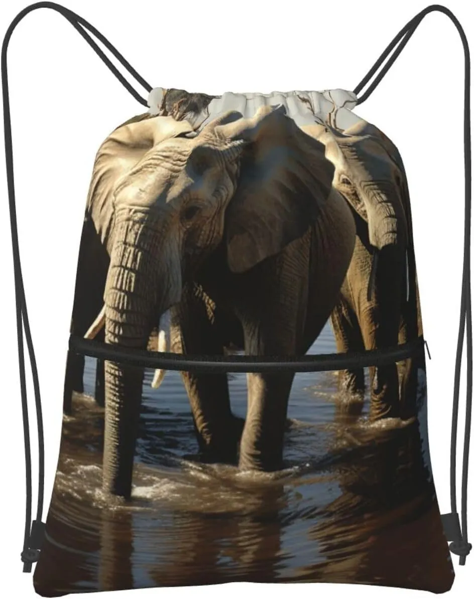 Drawstring Bag Gym Sack Drawstring Backpack Sport Gym Sack Cinch Bag Evening in Vancouver Sport Bags for Travel, Elephants Drinking Water, One Size