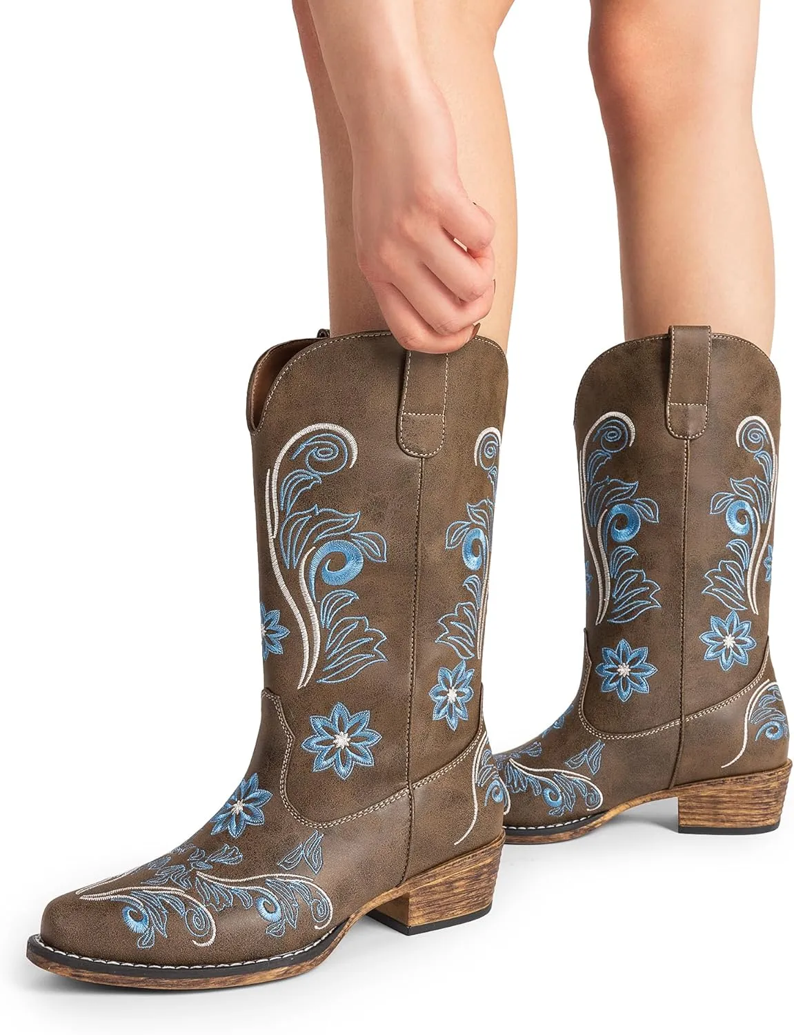 DREAM PAIRS Women's Cowboy Cowgirl Western Mid Calf Boots, Square Toe Embroidered Stitched Pull On Country Boots with Low Chunky Heel