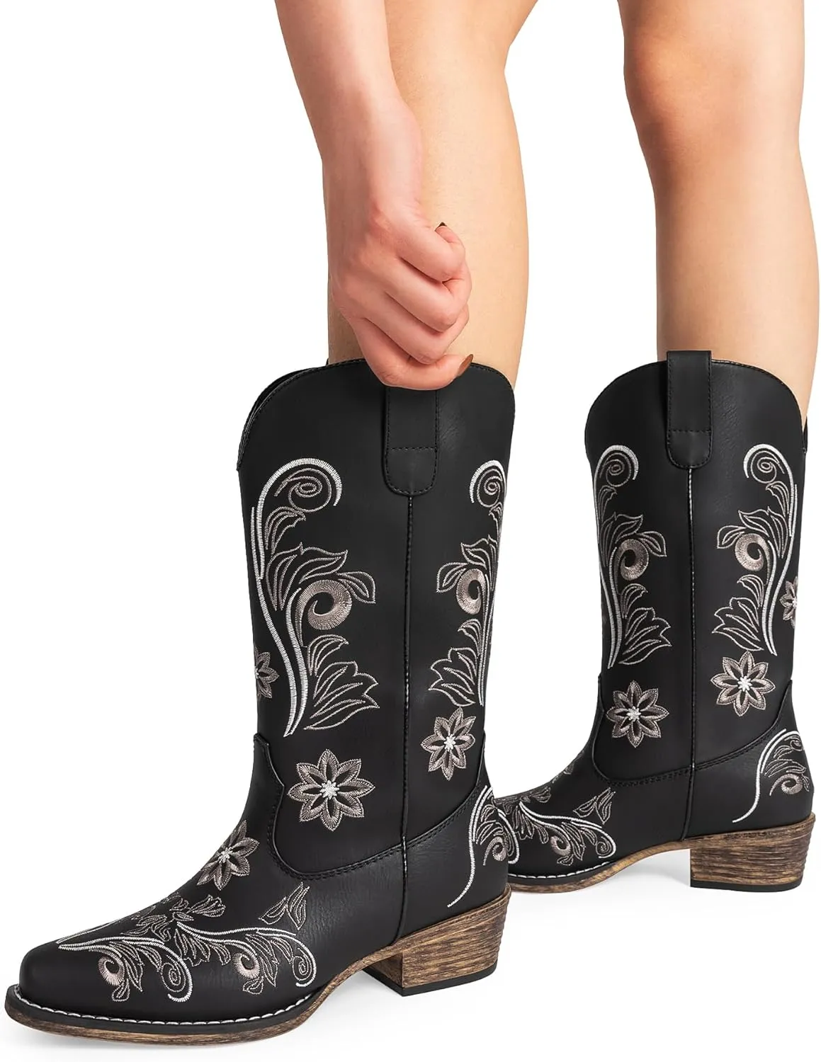 DREAM PAIRS Women's Cowboy Cowgirl Western Mid Calf Boots, Square Toe Embroidered Stitched Pull On Country Boots with Low Chunky Heel
