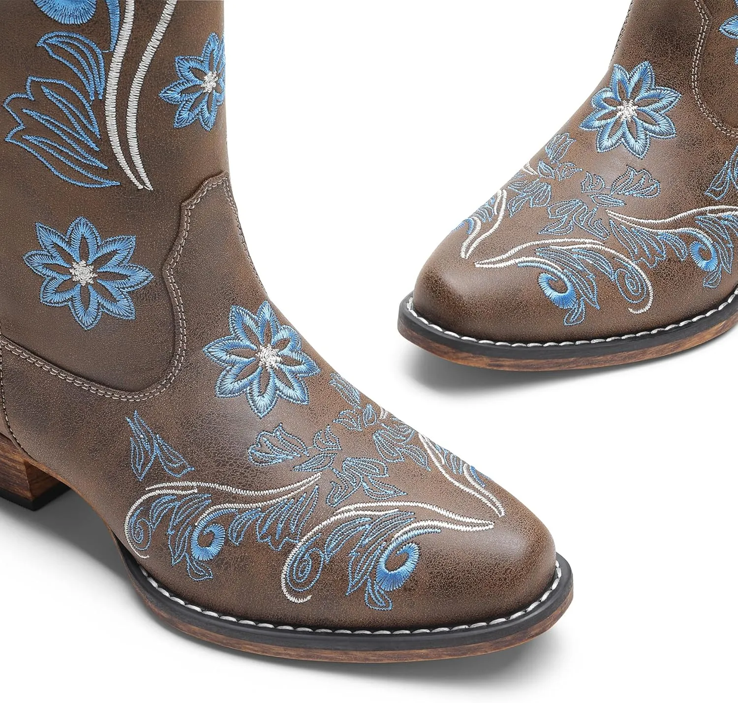 DREAM PAIRS Women's Cowboy Cowgirl Western Mid Calf Boots, Square Toe Embroidered Stitched Pull On Country Boots with Low Chunky Heel