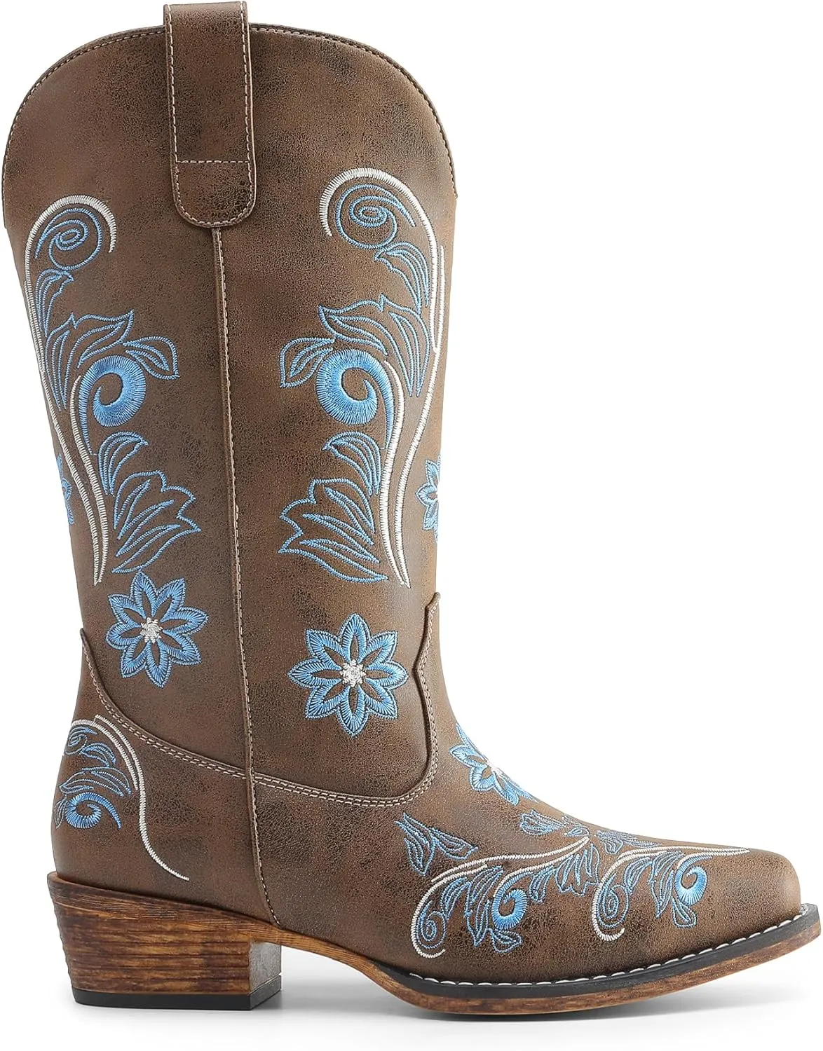 DREAM PAIRS Women's Cowboy Cowgirl Western Mid Calf Boots, Square Toe Embroidered Stitched Pull On Country Boots with Low Chunky Heel