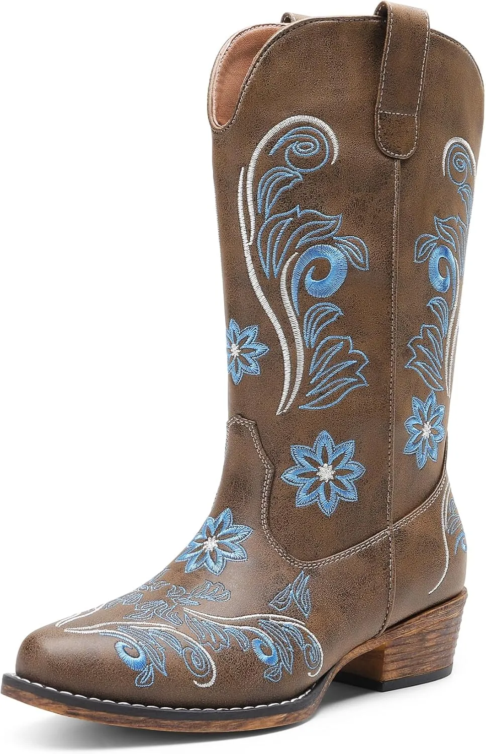 DREAM PAIRS Women's Cowboy Cowgirl Western Mid Calf Boots, Square Toe Embroidered Stitched Pull On Country Boots with Low Chunky Heel