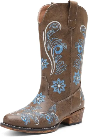 DREAM PAIRS Women's Cowboy Cowgirl Western Mid Calf Boots, Square Toe Embroidered Stitched Pull On Country Boots with Low Chunky Heel