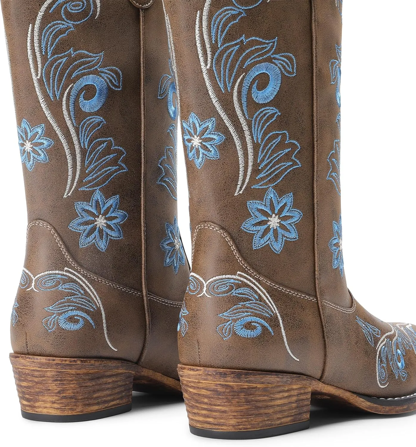 DREAM PAIRS Women's Cowboy Cowgirl Western Mid Calf Boots, Square Toe Embroidered Stitched Pull On Country Boots with Low Chunky Heel