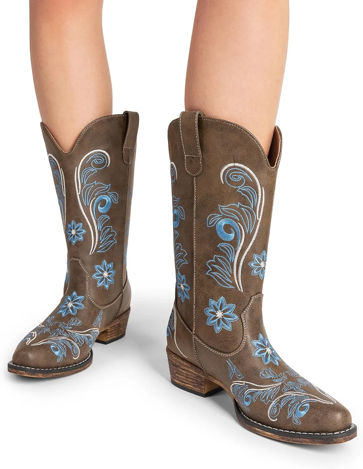 DREAM PAIRS Women's Cowboy Cowgirl Western Mid Calf Boots, Square Toe Embroidered Stitched Pull On Country Boots with Low Chunky Heel