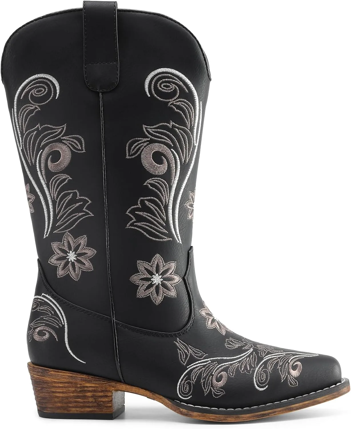 DREAM PAIRS Women's Cowboy Cowgirl Western Mid Calf Boots, Square Toe Embroidered Stitched Pull On Country Boots with Low Chunky Heel