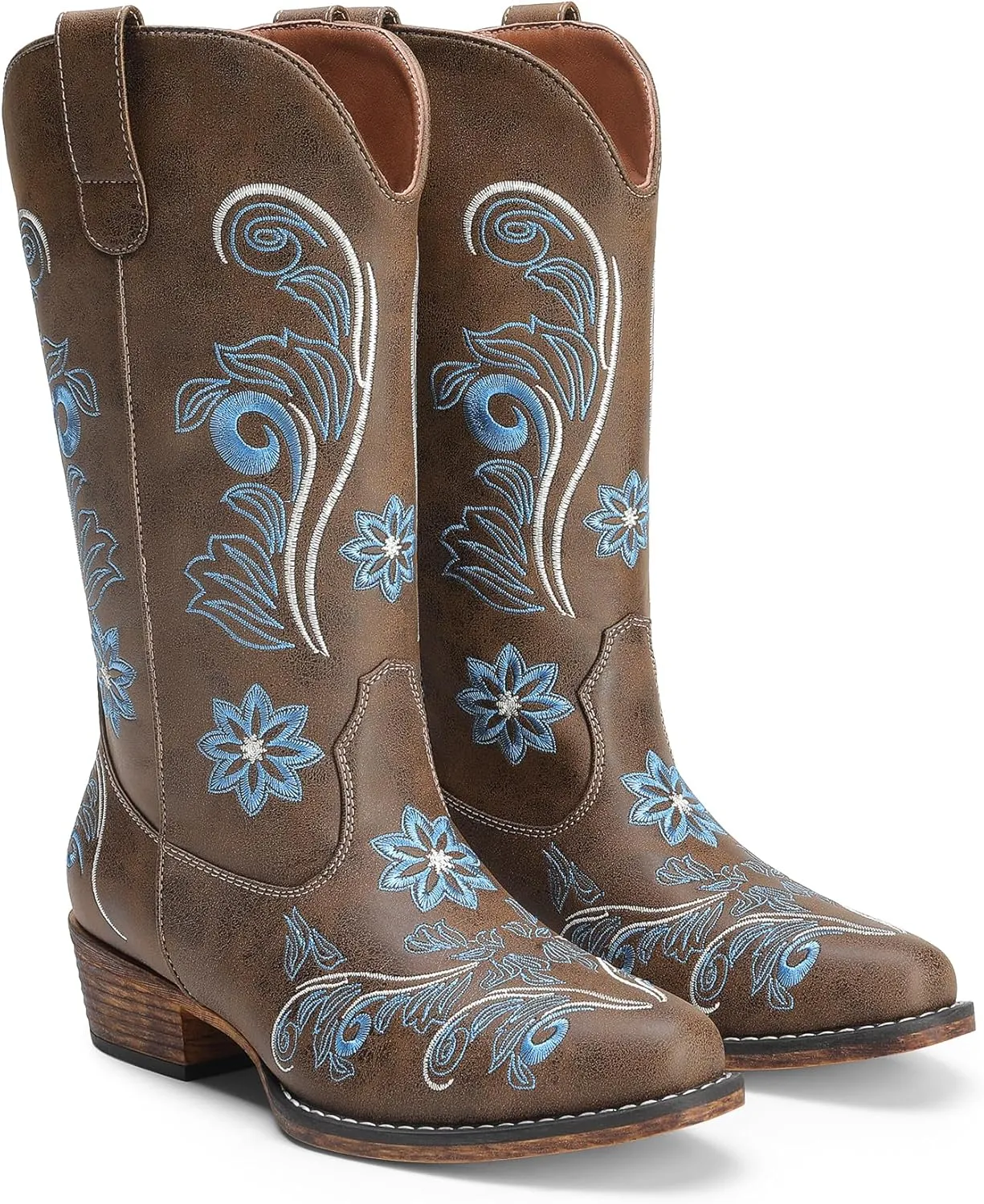 DREAM PAIRS Women's Cowboy Cowgirl Western Mid Calf Boots, Square Toe Embroidered Stitched Pull On Country Boots with Low Chunky Heel