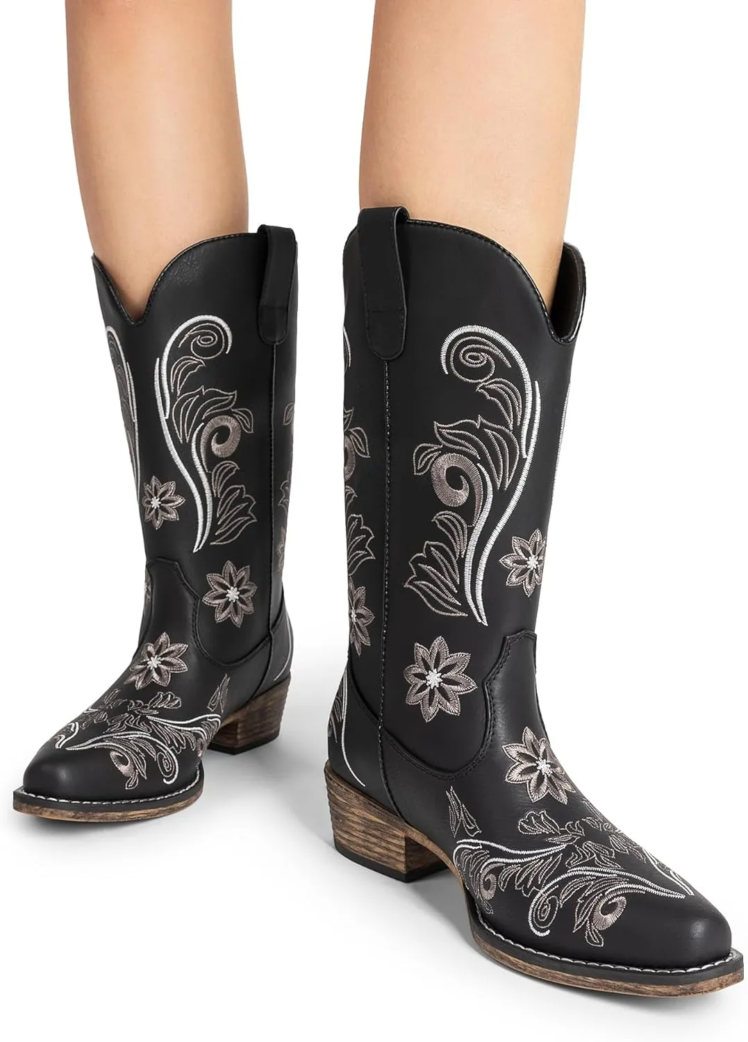 DREAM PAIRS Women's Cowboy Cowgirl Western Mid Calf Boots, Square Toe Embroidered Stitched Pull On Country Boots with Low Chunky Heel