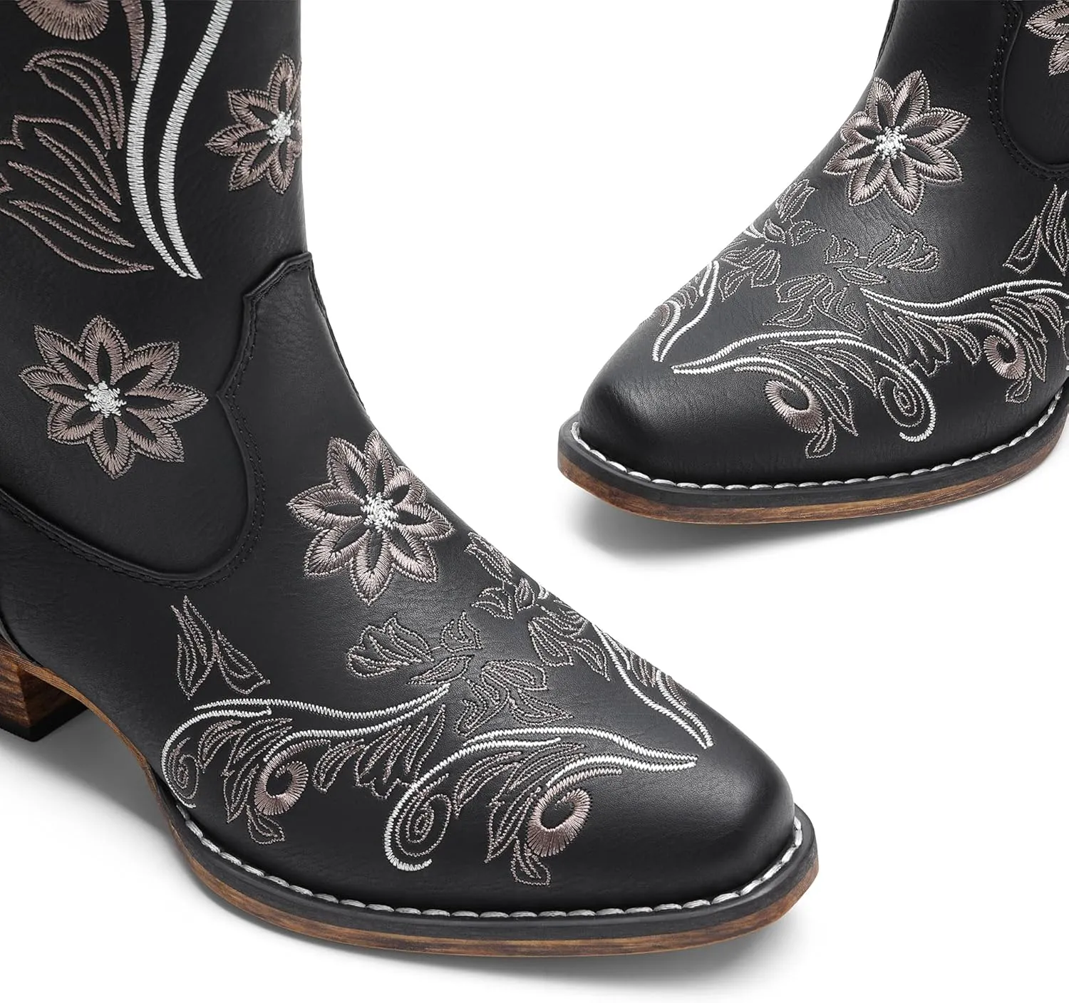DREAM PAIRS Women's Cowboy Cowgirl Western Mid Calf Boots, Square Toe Embroidered Stitched Pull On Country Boots with Low Chunky Heel