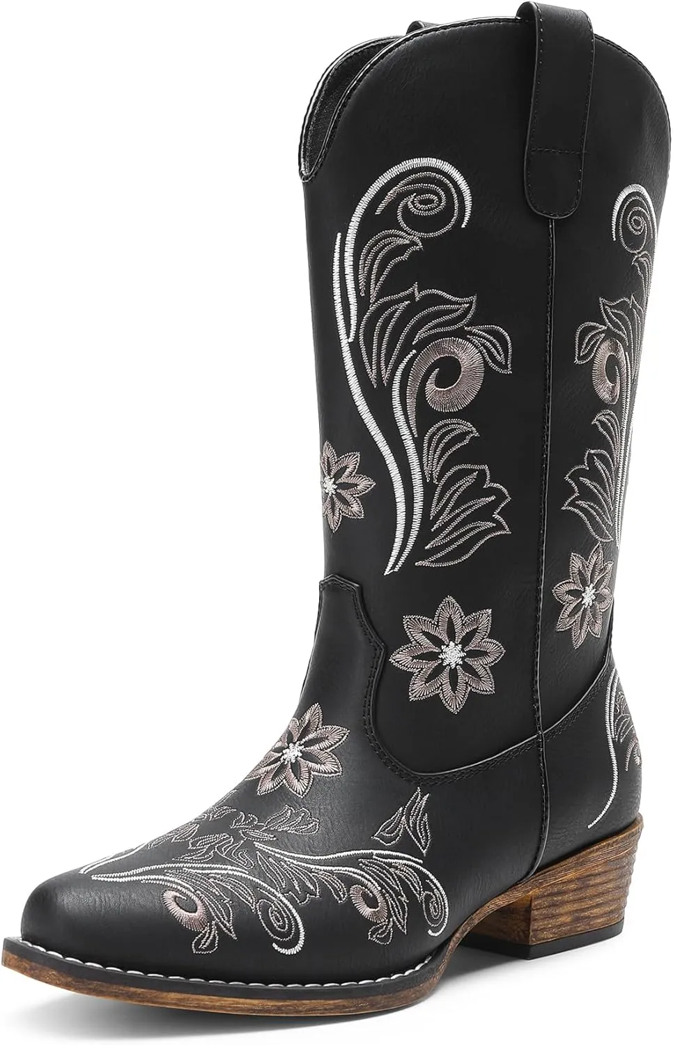 DREAM PAIRS Women's Cowboy Cowgirl Western Mid Calf Boots, Square Toe Embroidered Stitched Pull On Country Boots with Low Chunky Heel