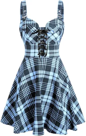 DRESSFO Women's Gothic Dress Plaid Print Lace-up Front Buckle Strap Dress Retro Empire Waist Dress Vintage 1950s Dresses