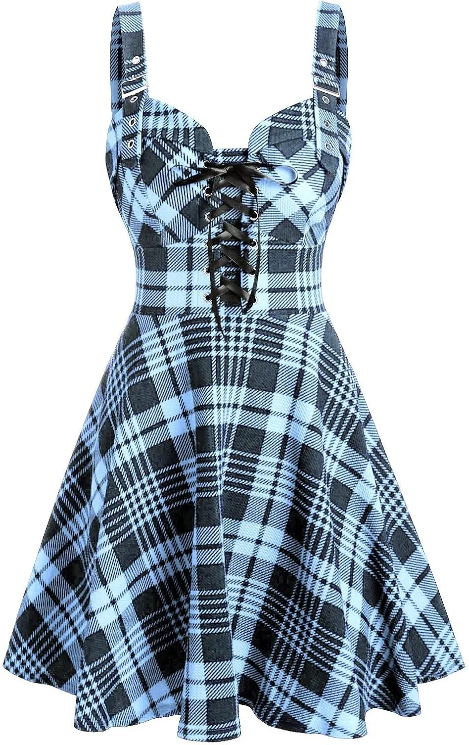 DRESSFO Women's Gothic Dress Plaid Print Lace-up Front Buckle Strap Dress Retro Empire Waist Dress Vintage 1950s Dresses