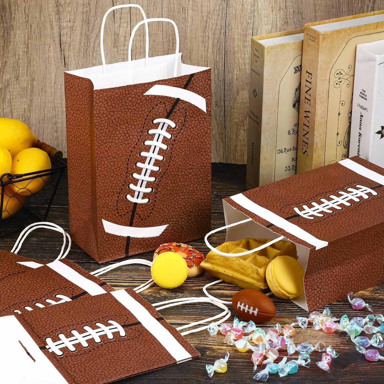 durony 16 Pieces Football Gift Bags with Handles Football Paper Goodie Bags Party Favor Treat Candy Snack Bag for Birthday Sport Themed Supplies