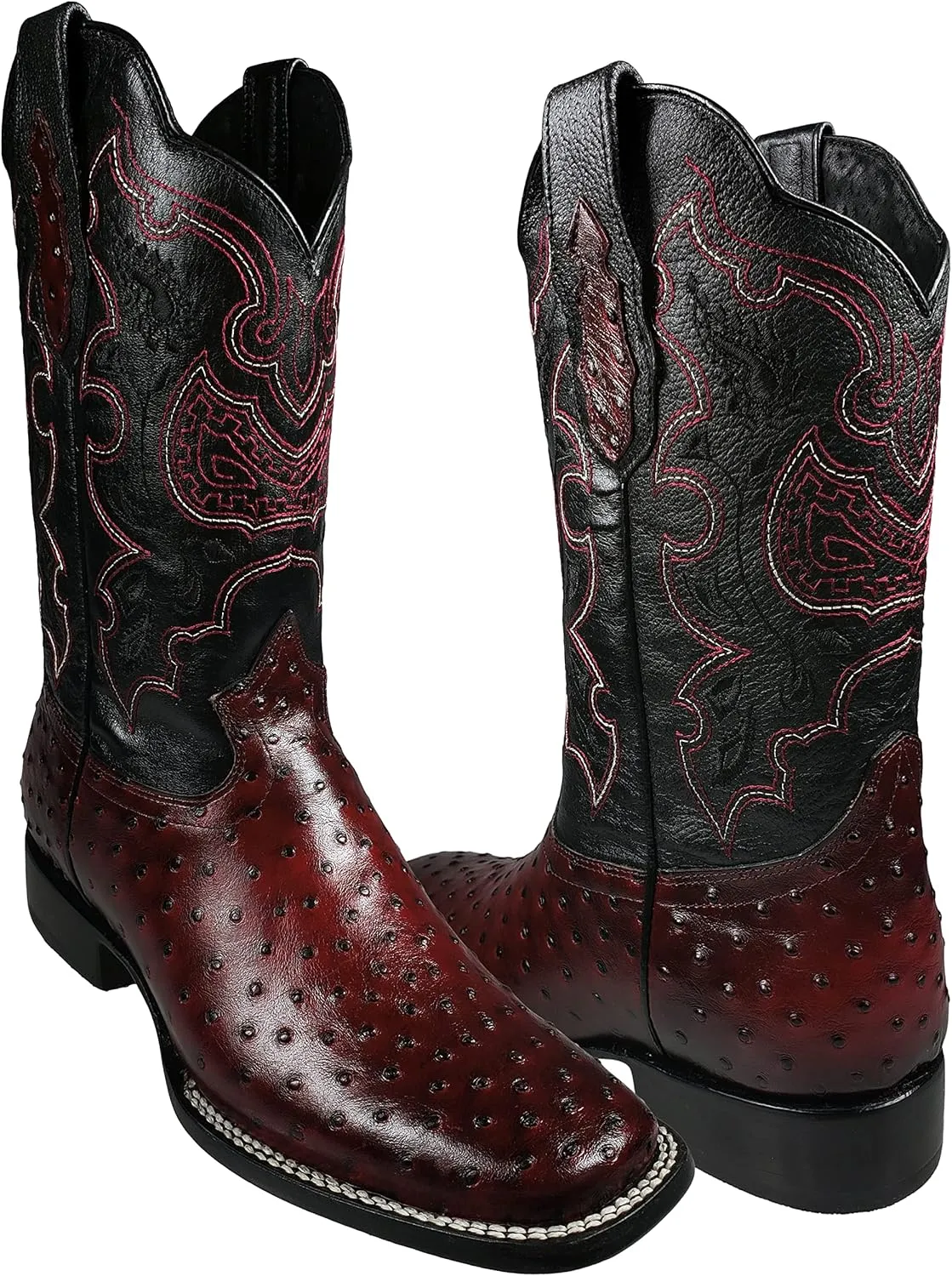 El General Western Rodeo Boots Ostrich Print Black Cherry Square Toe