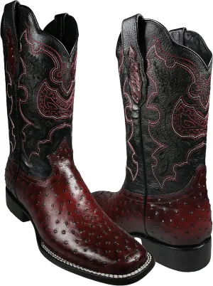 El General Western Rodeo Boots Ostrich Print Black Cherry Square Toe