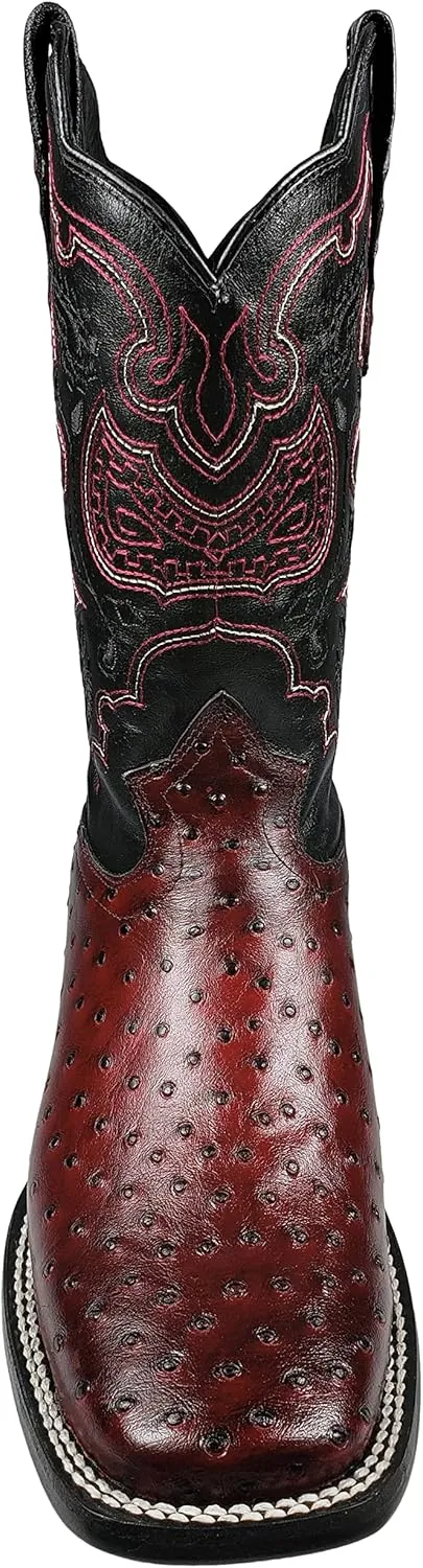 El General Western Rodeo Boots Ostrich Print Black Cherry Square Toe