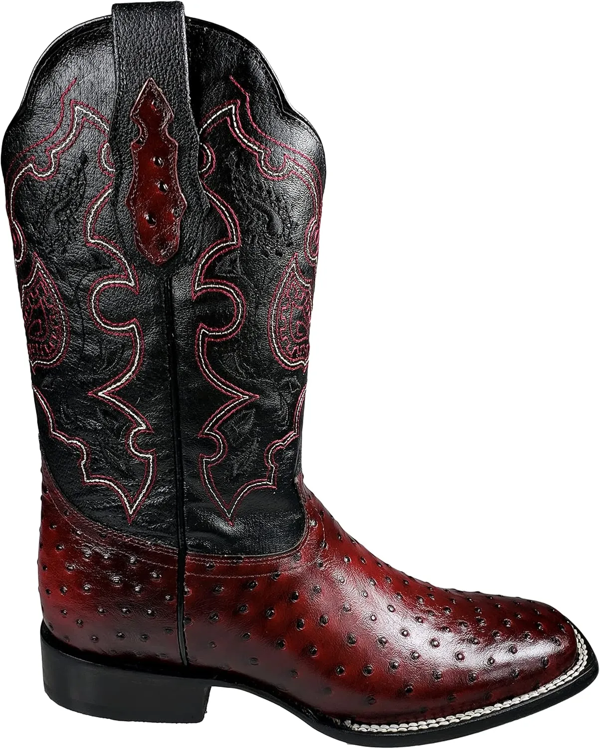 El General Western Rodeo Boots Ostrich Print Black Cherry Square Toe