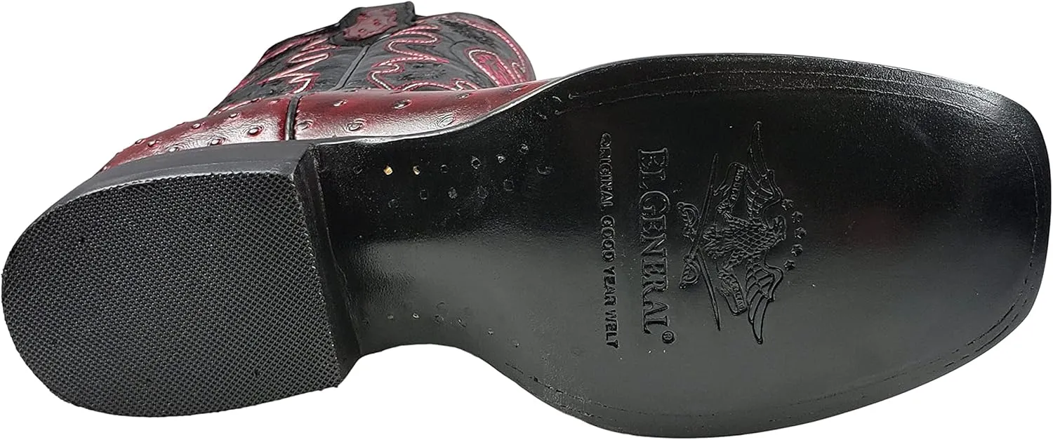 El General Western Rodeo Boots Ostrich Print Black Cherry Square Toe