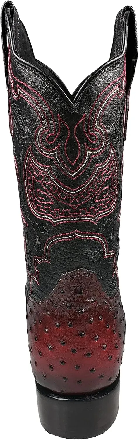 El General Western Rodeo Boots Ostrich Print Black Cherry Square Toe