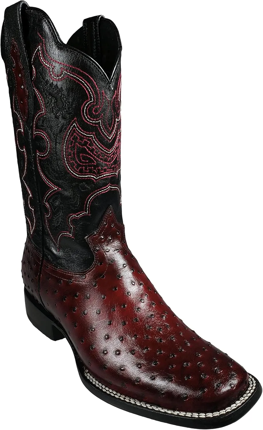El General Western Rodeo Boots Ostrich Print Black Cherry Square Toe