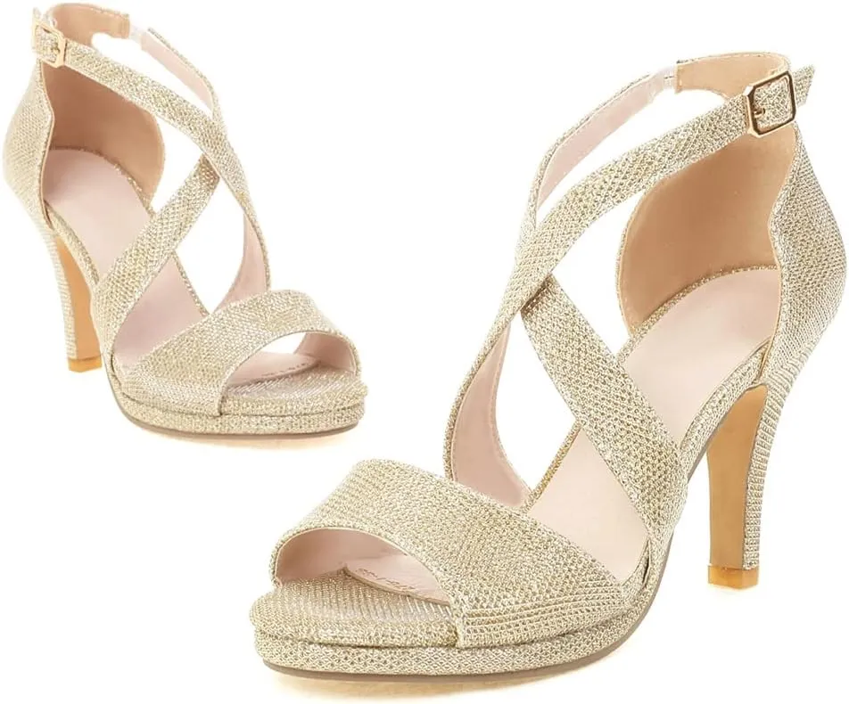 Elbslutt Women's Ankle Cross Strap Peep Toe Chunky Sandals High Block Heels Sequined Pumps Summer Dress Shoes