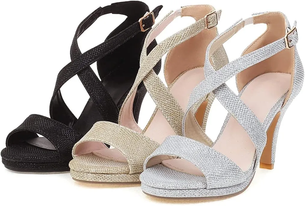 Elbslutt Women's Ankle Cross Strap Peep Toe Chunky Sandals High Block Heels Sequined Pumps Summer Dress Shoes