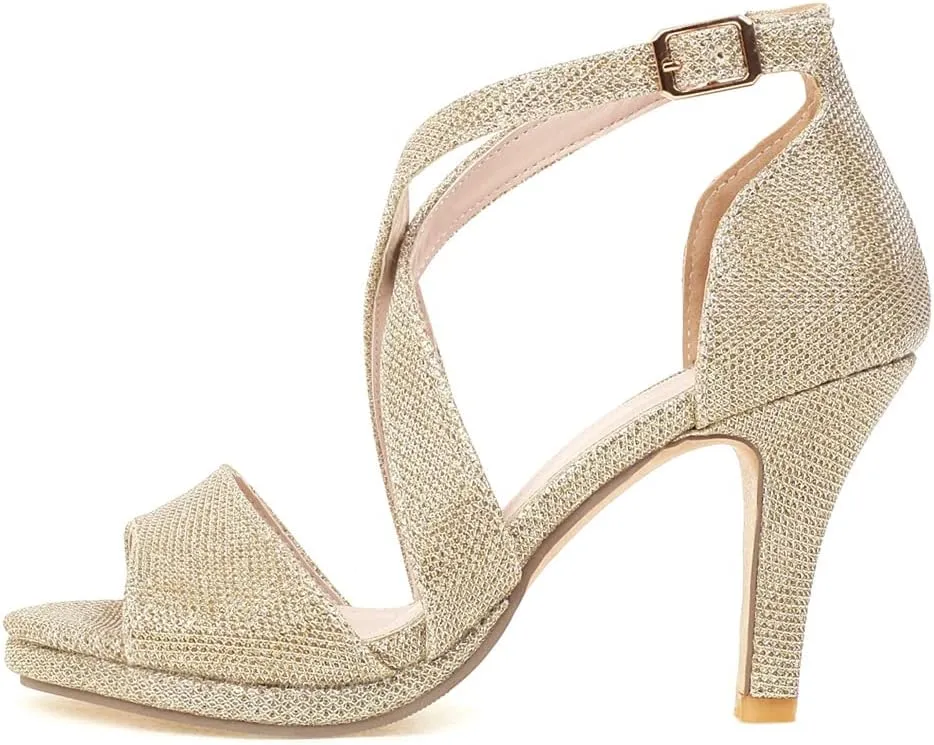 Elbslutt Women's Ankle Cross Strap Peep Toe Chunky Sandals High Block Heels Sequined Pumps Summer Dress Shoes