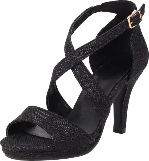 Elbslutt Women's Ankle Cross Strap Peep Toe Chunky Sandals High Block Heels Sequined Pumps Summer Dress Shoes