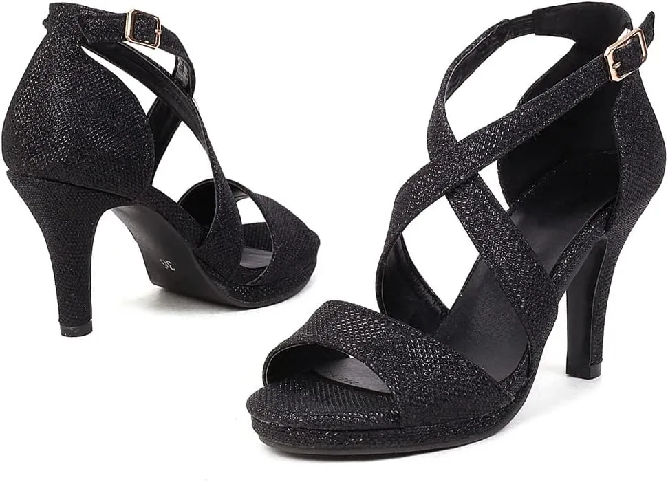 Elbslutt Women's Ankle Cross Strap Peep Toe Chunky Sandals High Block Heels Sequined Pumps Summer Dress Shoes