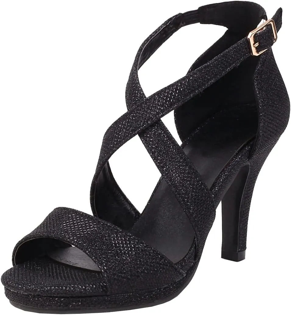 Elbslutt Women's Ankle Cross Strap Peep Toe Chunky Sandals High Block Heels Sequined Pumps Summer Dress Shoes