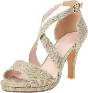Elbslutt Women's Ankle Cross Strap Peep Toe Chunky Sandals High Block Heels Sequined Pumps Summer Dress Shoes